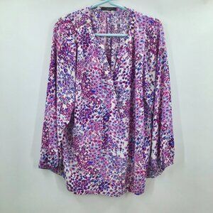 T Tahari Women's 1X Popover Blouse Floral Cool Tones Purple Blue White Pullover
